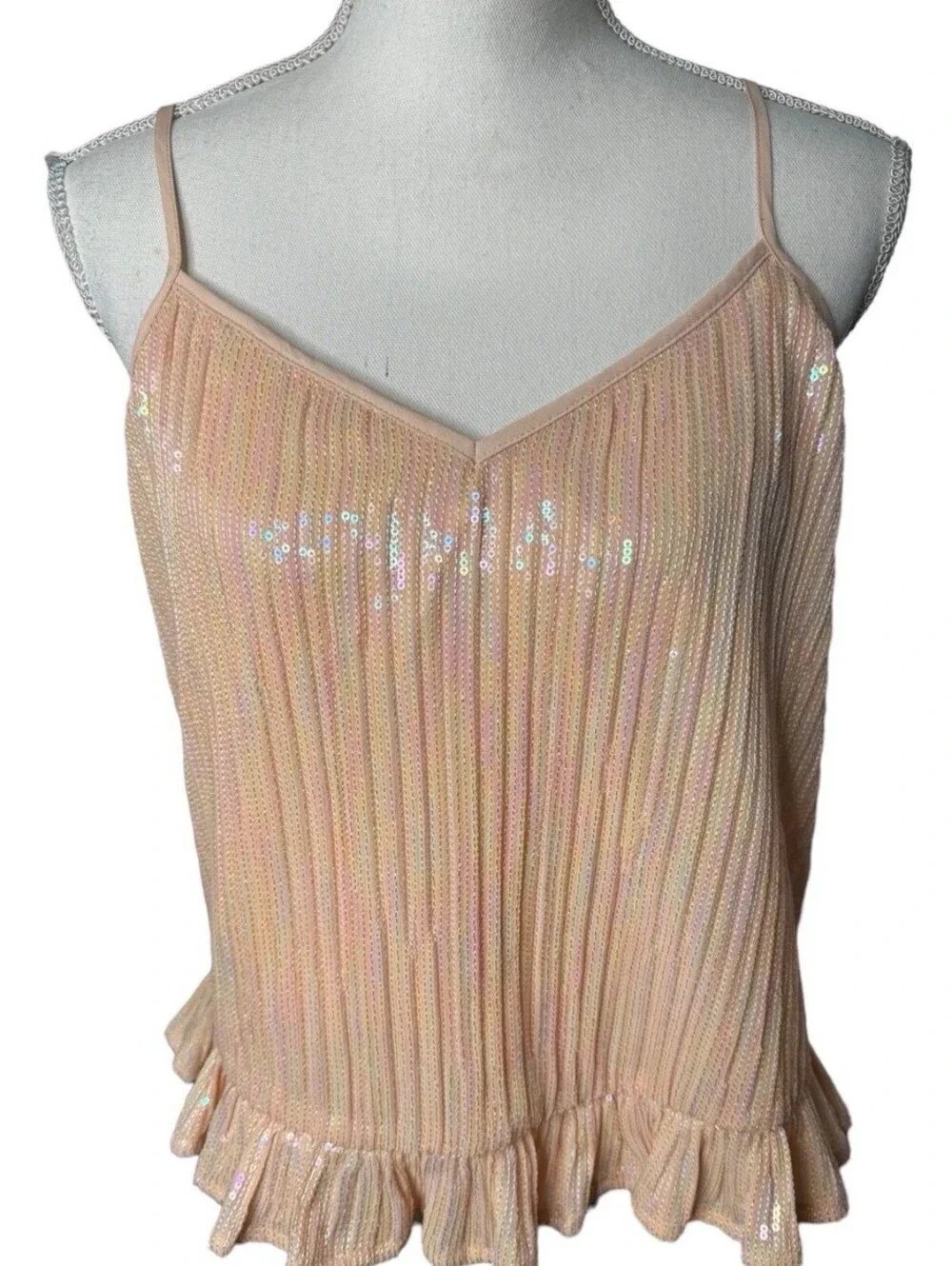 Anthropologie Amelie Sequin Shimmery Blush Pleated Ruffle Spaghetti Cami Top- 10 - Picture 12 of 14